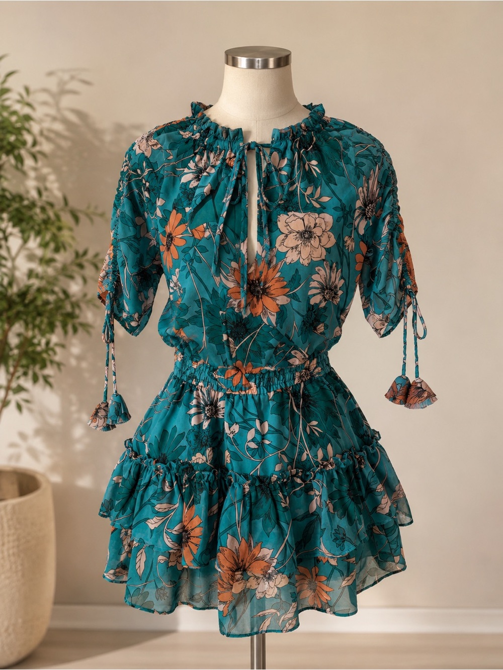 Floral Teal Tie-Sleeve Casual Dress- small
